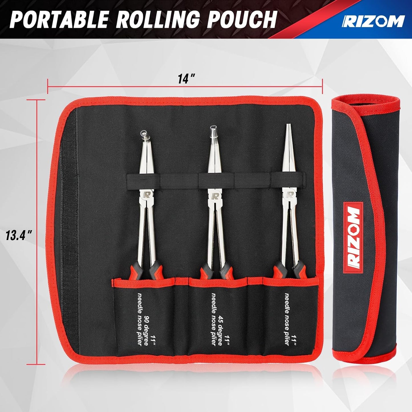 Rizom 3-Piece Long Needle Nose Plier Set, 11'' 90° & 45° Bent Nose Pliers | Cr-V Extra Long Curved Nose Pliers Set For Narrow Spaces
