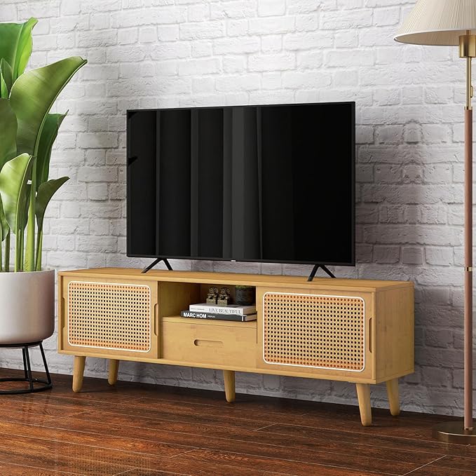 HollyHOME Bamboo TV Stand with Storage - Image 6