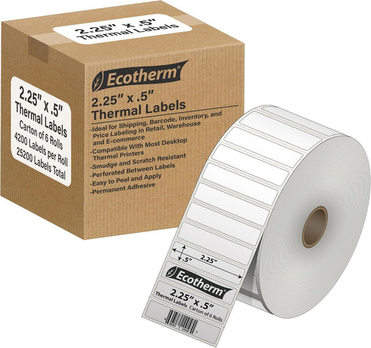 2.25" x .5" Thermal Labels | 6 Rolls | 25200 Labels | fits Zebra, Offnova