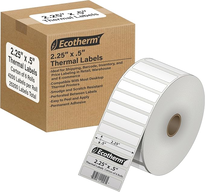 2.25" x .5" Thermal Labels | 6 Rolls | 25200 Labels | fits Zebra, Offnova by EcothermProducts