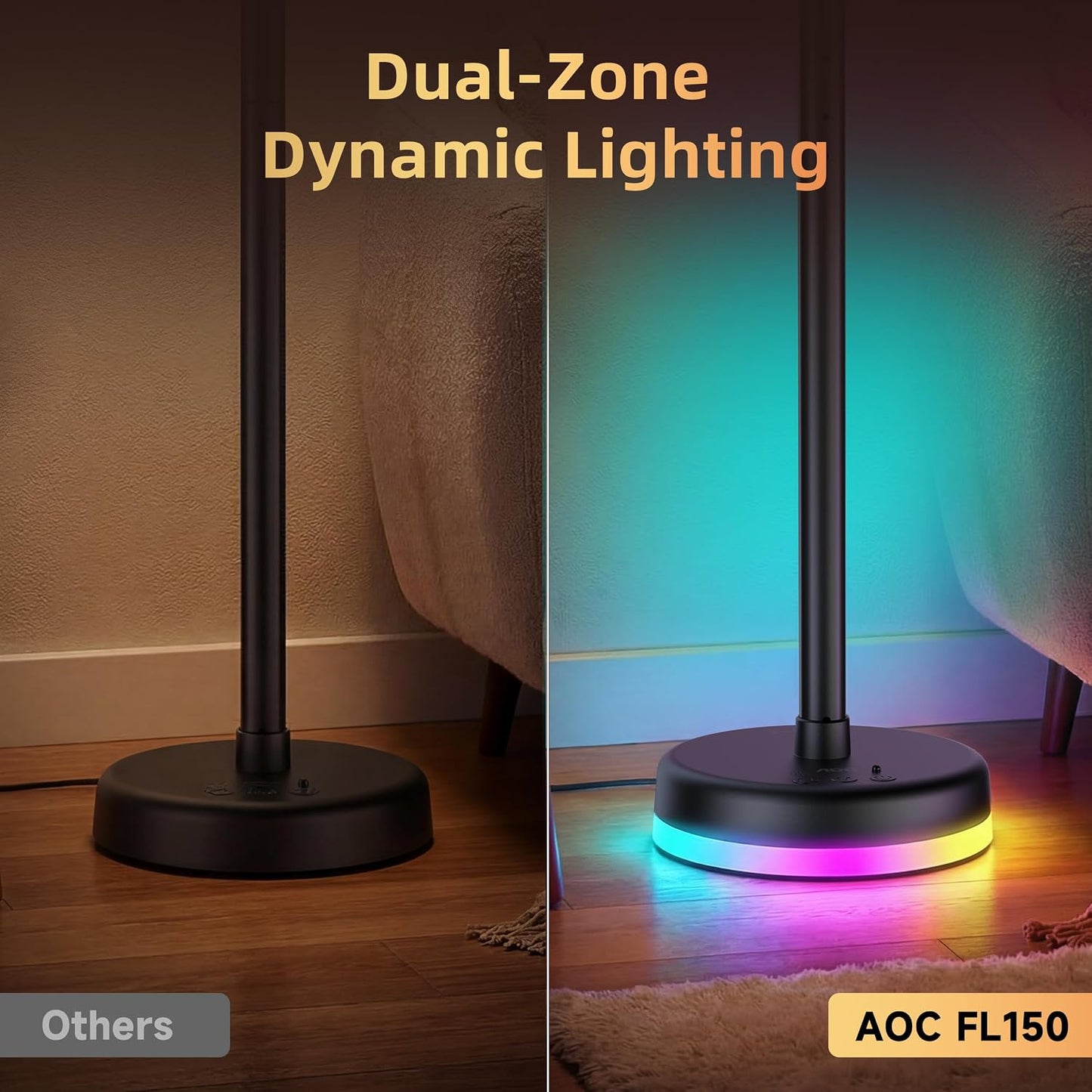 AOC Corner Floor Lamp, RGBICWW LED Floor Lamp with Glowing Base, Music Sync | App & Remote Control, 160 Million Colors, 68+ Scenes Color Changing, Ambient Lighting for Bedroom Living Room Home Office