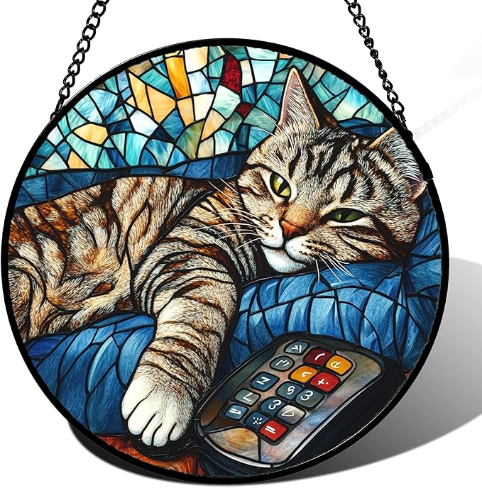 DASTOLL Stained Glass Window Hanging Gray Cat and Remote Control 6.3" by DASTOLL