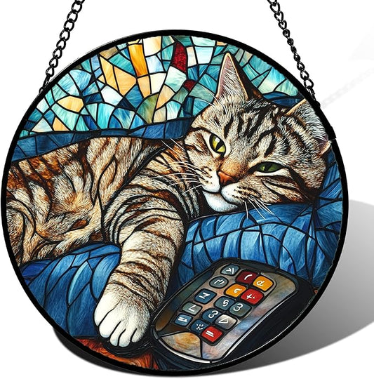 DASTOLL Stained Glass Window Hanging Gray Cat and Remote Control Large 15" by DASTOLL