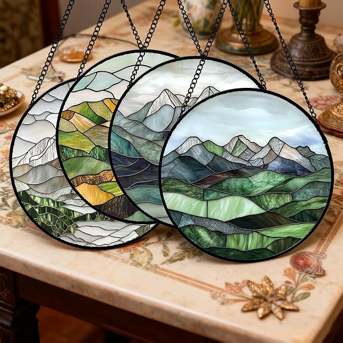 AMDERVEN Stained Glass Window Hanging 4 Pcs Set Mountain River Landscape 9.8" - Image 2