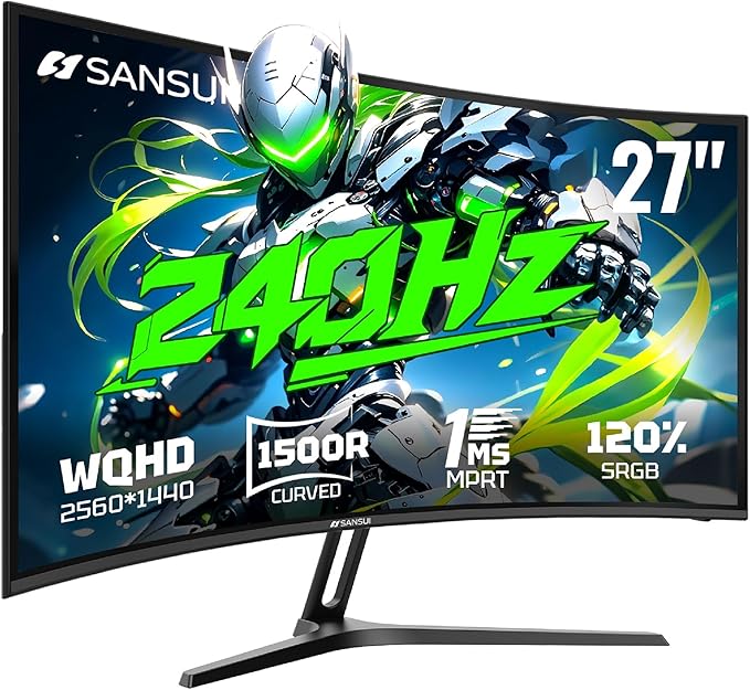 SANSUI 27 Inch Curved Gaming Monitor 240Hz, 2K WQHD 1500R Curved Computer by SANSUI