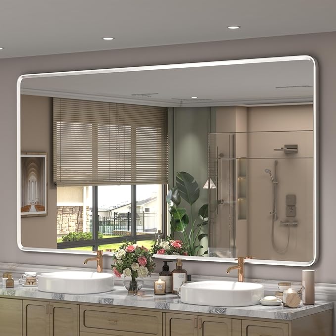 66x36 Inch Silver Framed Mirror, Brushed Nickel, Rounded Rectangle Mirror by GOLOMO