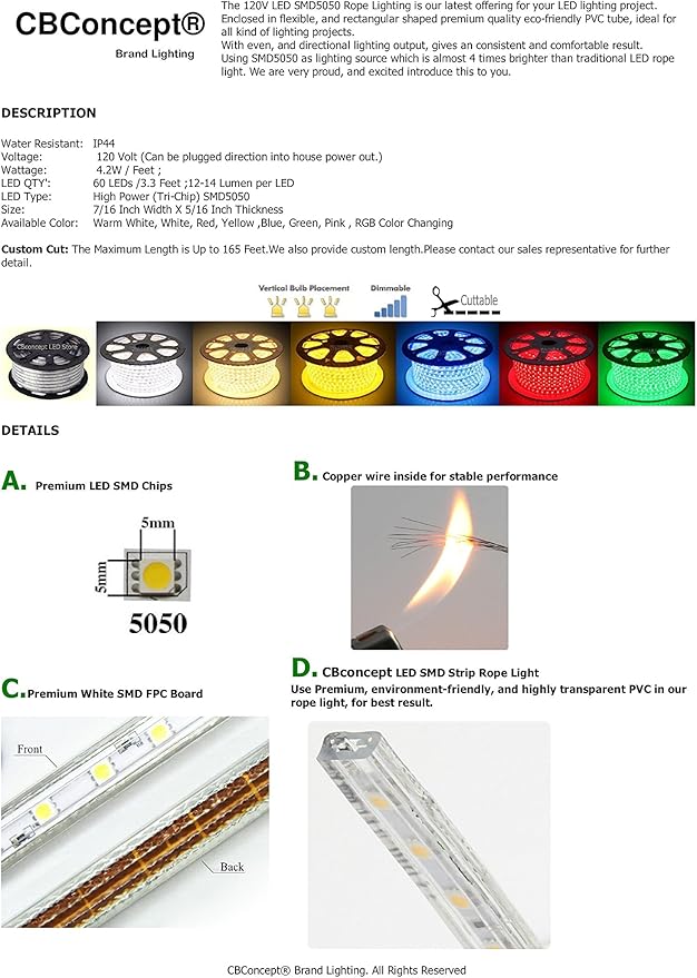 CBConcept UL Listed, 6.6 Feet, 720 Lumen, 110-120V AC Flexible Flat LED Strip - Image 6