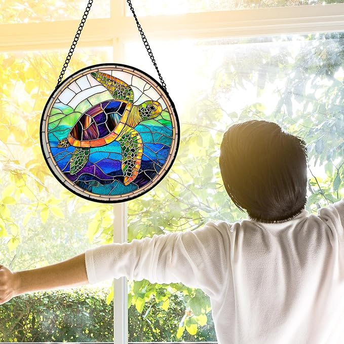 DASTOLL Stained Glass Window Hanging, Colored Turtle Ocean Suncatcher Diamond - Image 3
