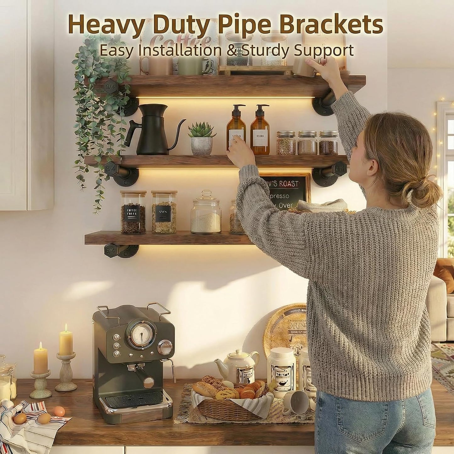 Industrial Pipe Shelf Brackets 8-Pack 14 Inch - Heavy Duty Black Iron for 8"-14" Wood-Wall Mount Floating Shelves Kit with All Hardware Included,Pipe Shelving Brackets , Black DIY Pipe Shelves