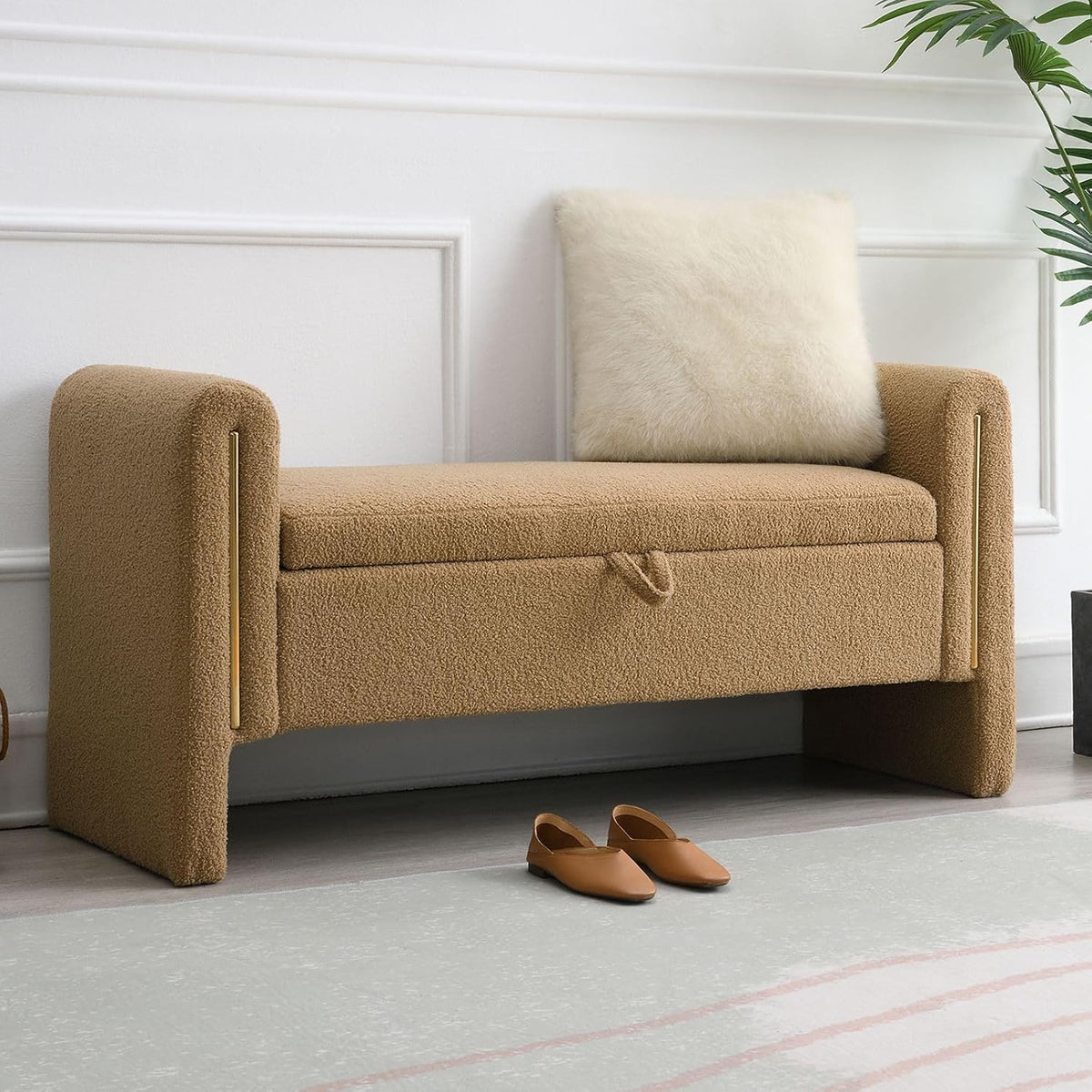 52" upholstered storage bench, brown, armrests, wood frame, main product view