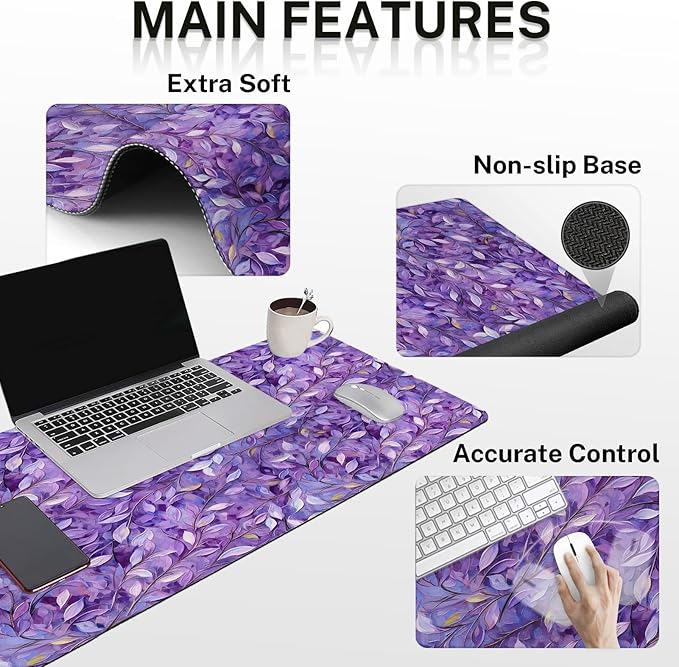 Britimes Purple Oil Painting Leaves Keyboard Mouse Pad Set Plant 4in1 Large - Image 5