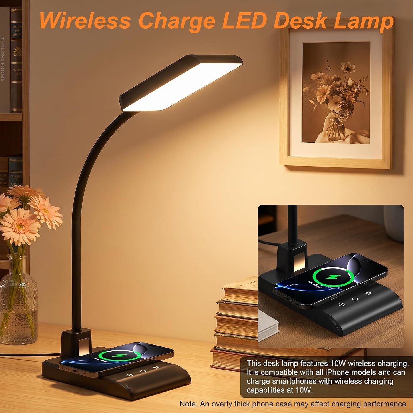 Desk Lamp with Wireless Charger, Desk Lamps for Home Office Night Light | 3 Color Modes with Stepless Dimming, CRI 90+, 1000lm, 360° Flexible Arm, Eye-Caring Study Lamp for College Dorm Room