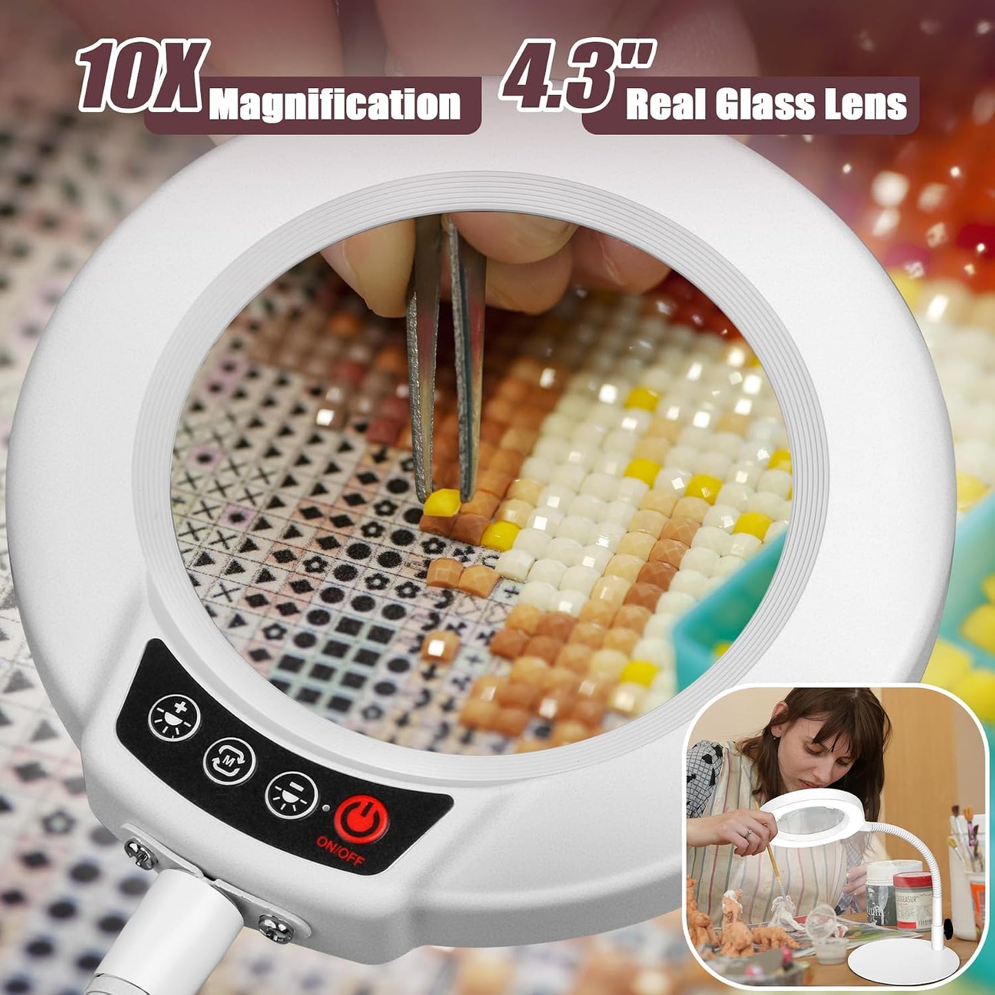 10X Magnifying Glass with Light and Stand, 16.5in Flexible Goose-Neck, 5 Color Modes Stepless Dimmable LED Lighted Desk Lamp, Hands Free Magnifier for Crafting Hobby Painting Close Work - White