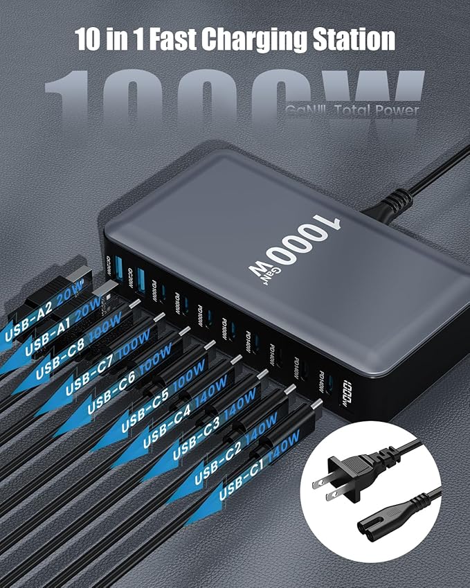 1000W USB C Charger Block, 10-Port USB C Charging Station GaN IV Travel - Image 2