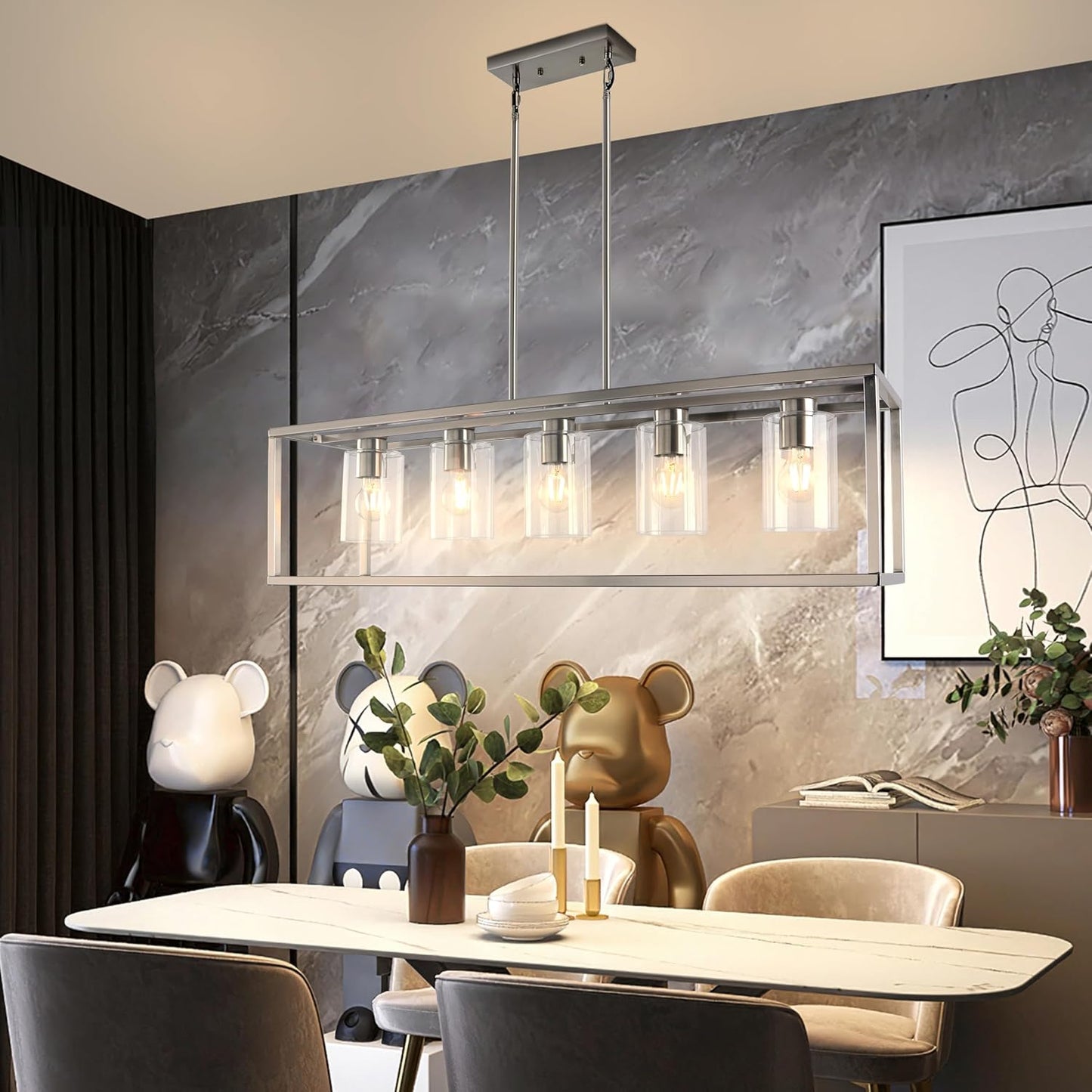 5 Light Chandeliers for Dining Room, Island Room Light Fixture | Sliver Modern Industrial Kitchen Lighting Fixtures Ceiling Easy Installation Pendant Lights for Bar Restaurant-E26 Socket