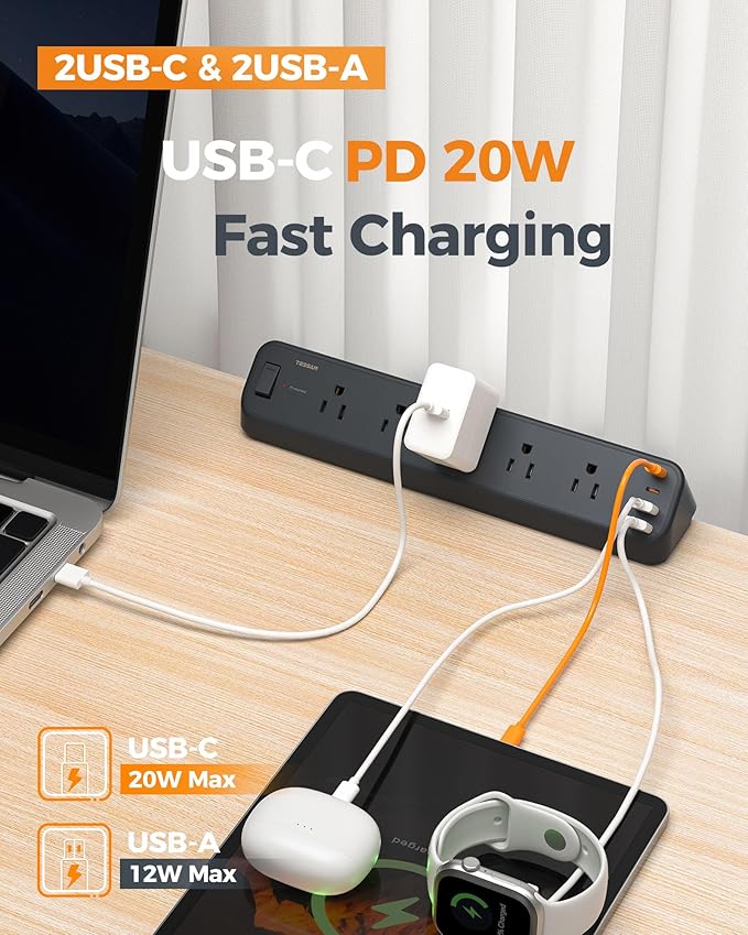 Desk Clamp Power Strip Black, TESSAN 6 Ft Flat Plug Extension Cord - Image 5