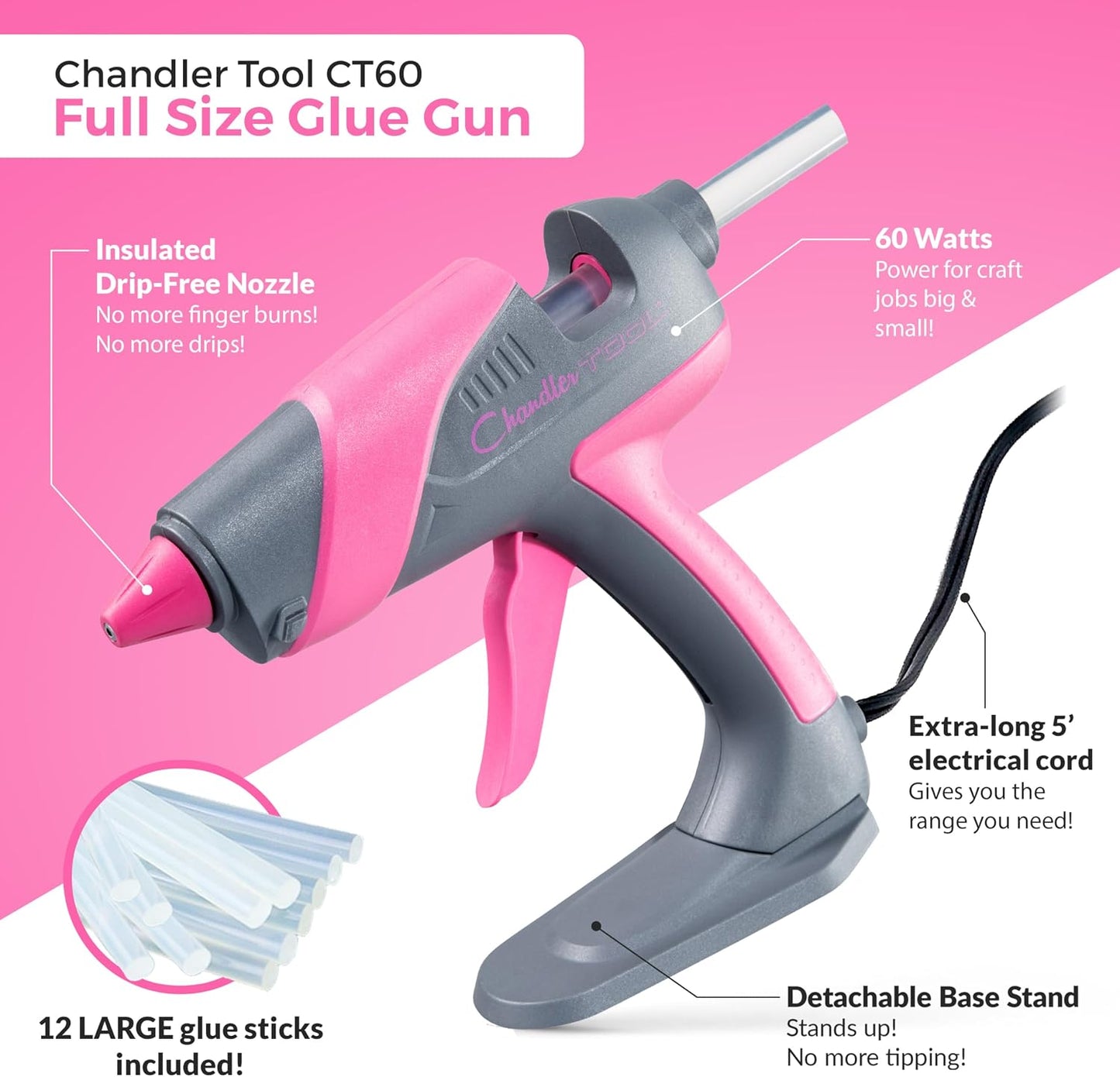 Hot Glue Gun Kit, Corded Craft Glue Gun with 10 Glue Sticks (60W Pink/Grey)