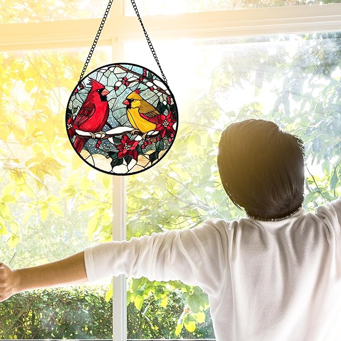 DASTOLL Stained Glass Window Hanging, Love Birds Cardinals Sun Catchers - Image 2
