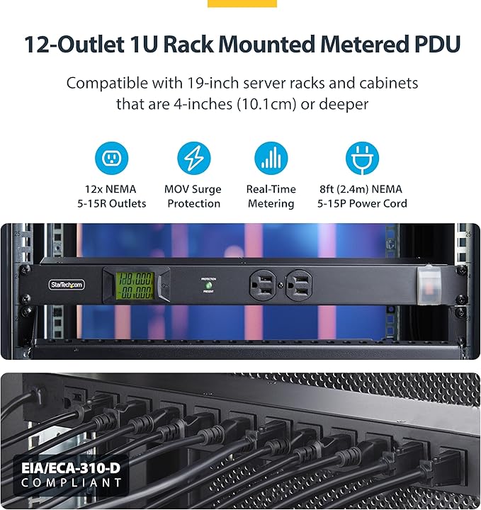 StarTech.com 12-Outlet Horizontal Rack Mount Metered PDU, 1U Server Power Strip - Image 3