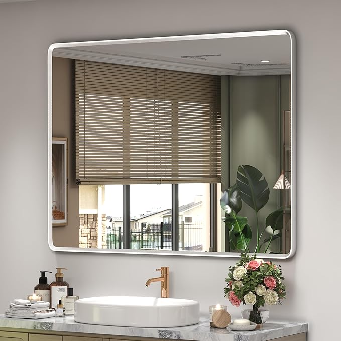 40x30 Silver Bathroom Mirror, Rounded Rectangle Mirror by GOLOMO