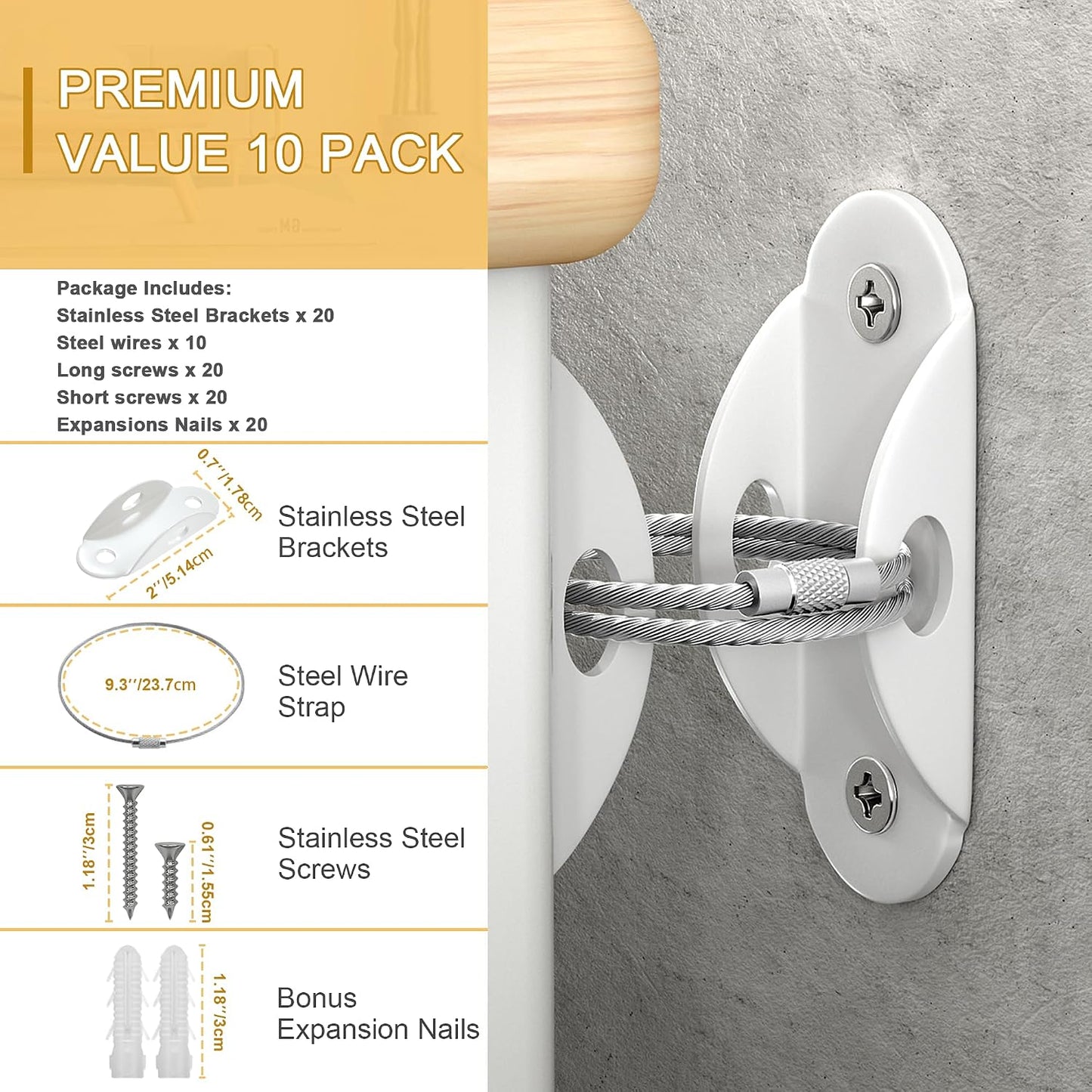 Booda Brand Furniture Anchors (10 Pack) for Baby Proofing, Furniture Straps Anti Tip Furniture Anchor Securing 400 lbs/Keep Baby Pet Safety from Falling Furniture, Metal White Earthquake Straps