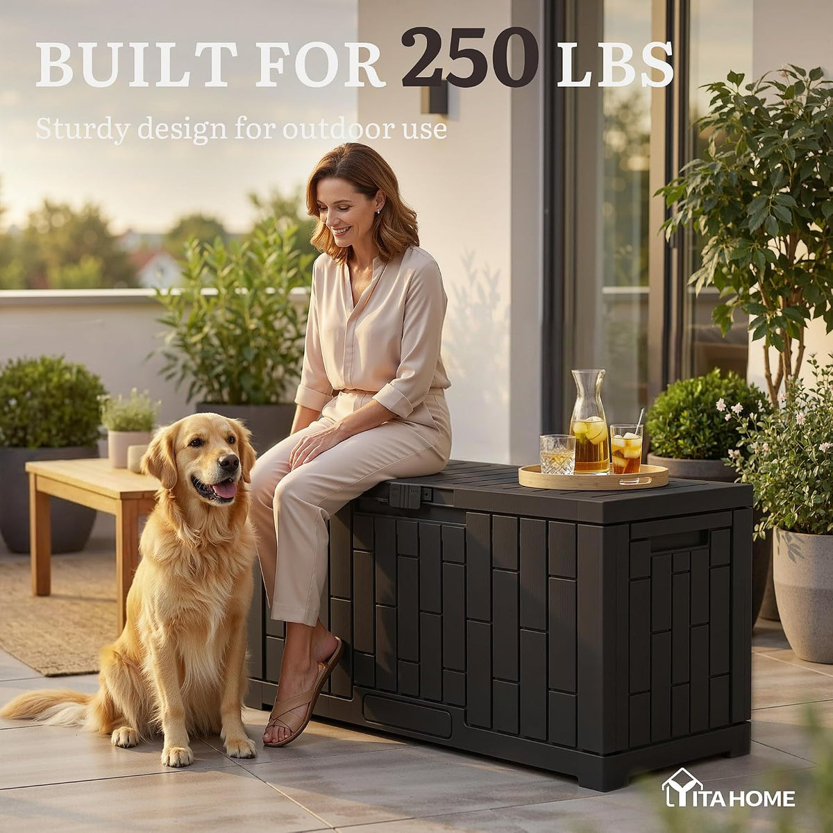 yitahome 60 gallon resin deck box shown in use