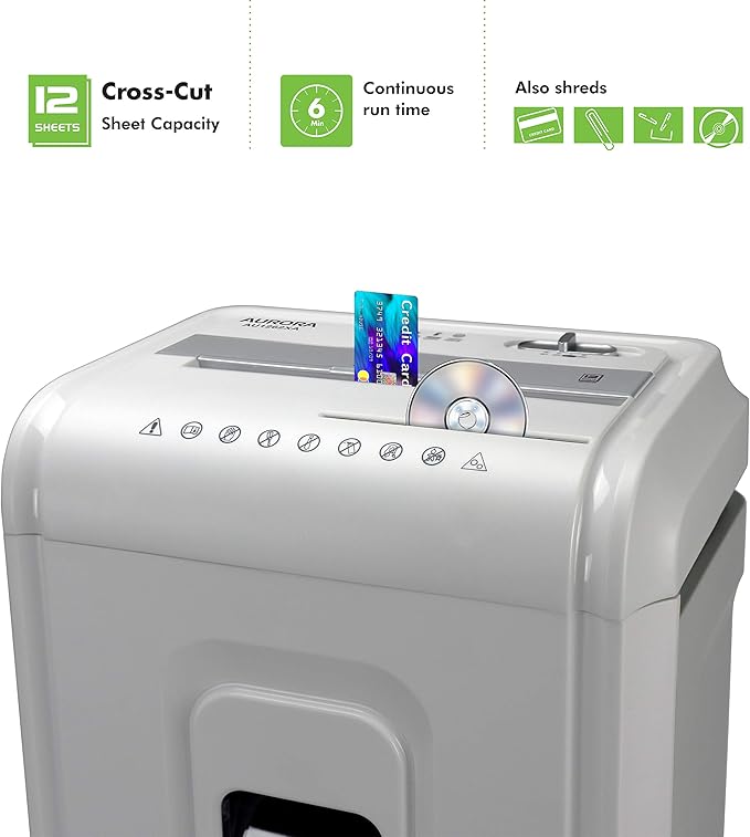 Aurora AU1262XA Anti-Jam 12-Sheet Crosscut Paper and CD/Credit Card Shredder - Image 2