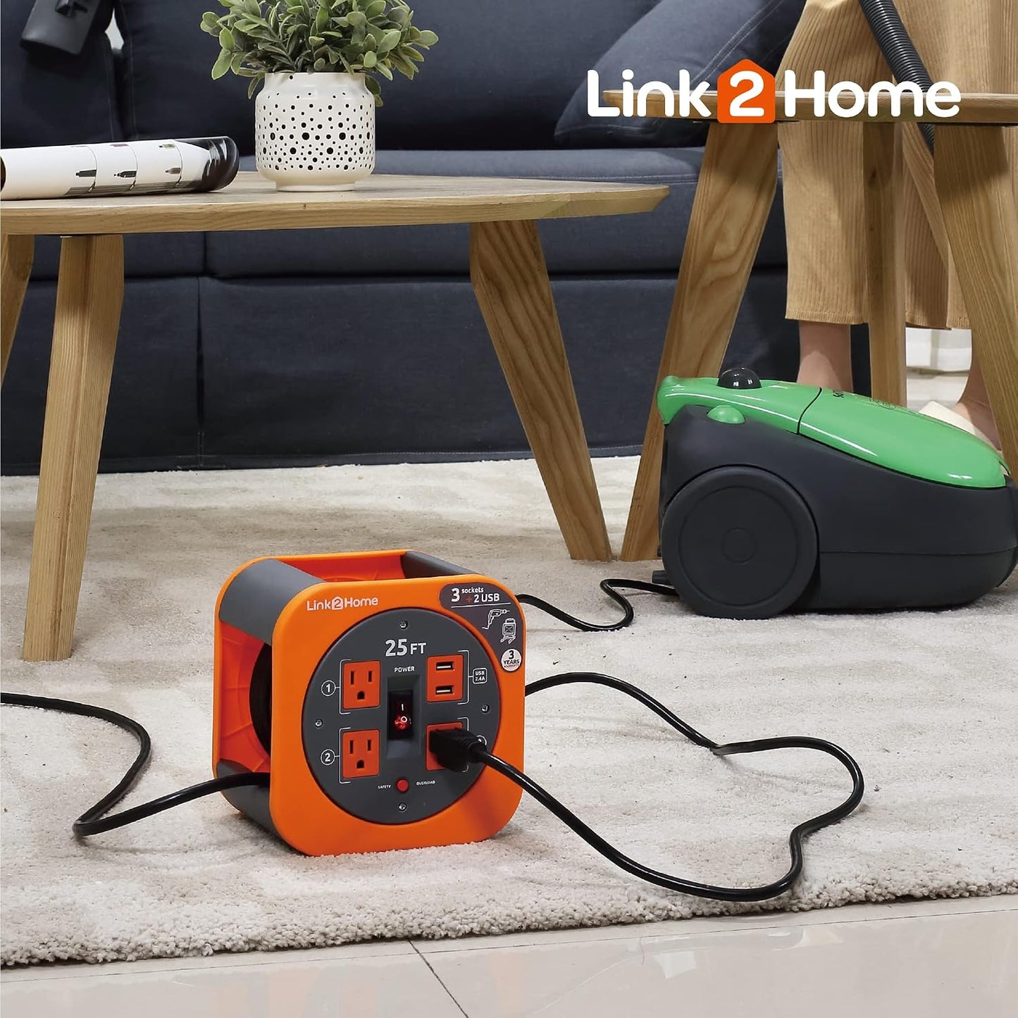 Link2Home 25 Ft. Extension Cord Reel, 4 Outlets, 2 USB Ports | 16 AWG SJT cable, 2.4A fast-charge USB, compact storage reel design