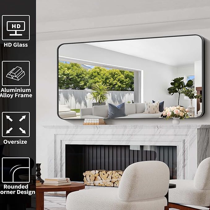 Bathroom Mirror, 60 x 30 inch Black Rectangle Wall Mirror, Metal Frame Rounded - Image 4