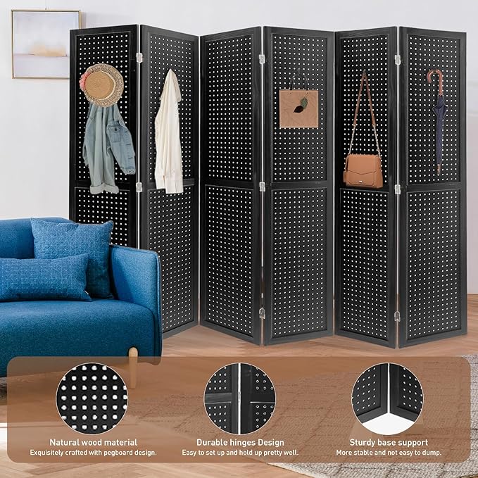 ECOMEX 6 Panel Room Divider, 5.6Ft Pegboard Display Wooden Room Divider Folding - Image 4