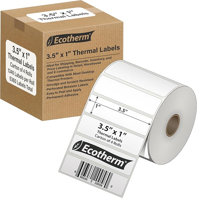 3.5" x 1" Thermal Labels | 4 Rolls | 5360 Labels | fits Zebra, Offnova Thermal by EcothermProducts