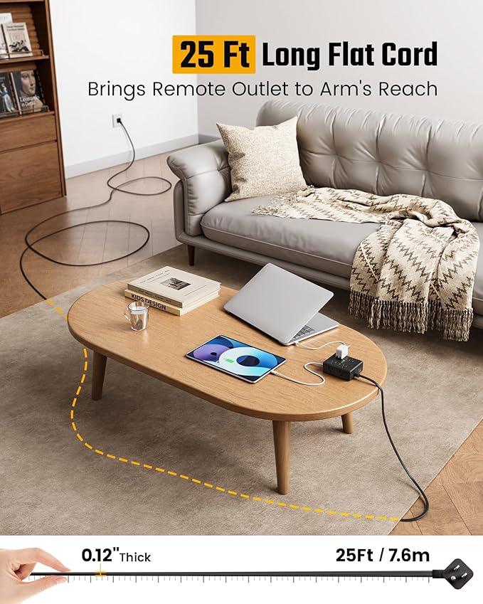 25Ft Long Extension Cord, Flat Plug Power Strip Surge Protector, 8 Outlet 4 USB - Image 2