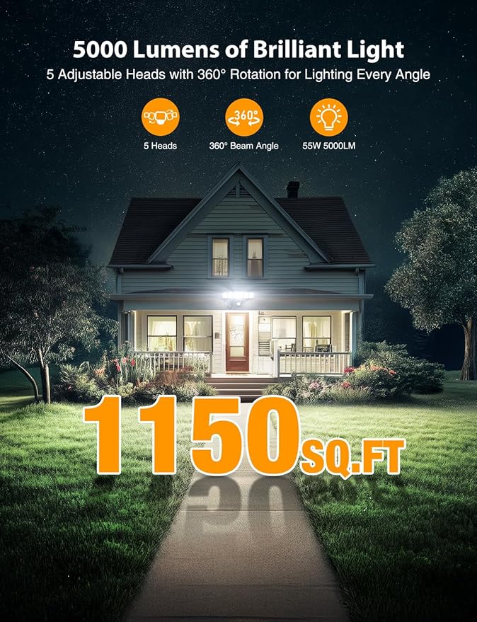 Onforu 5000LM Motion Sensor Outdoor Lights Plug in, 5 Head Motion Sensor Flood - Image 2