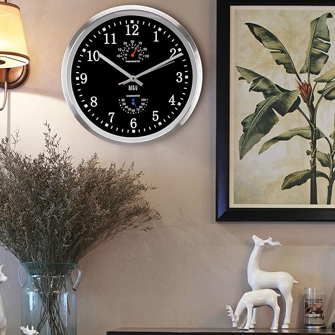 HITO 12 Inch Silent Wall Clock Battery Operated Non Ticking Glass Cover Silver - Image 8