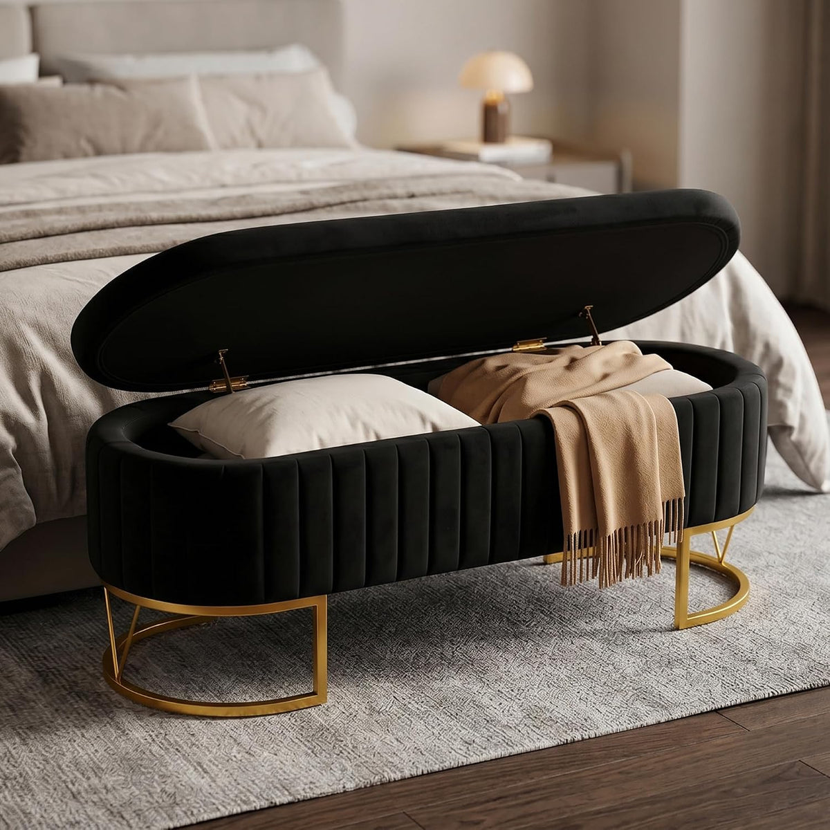 storage bench bedroom bench, velvet oval upholstered end, main product view