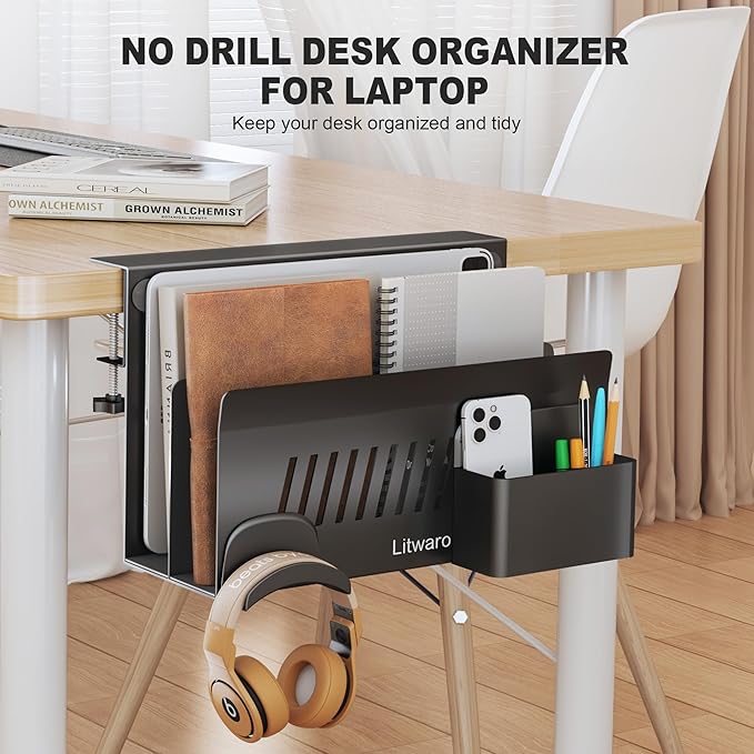 Litwaro Desk Side Storage Organizer, 2 Tier Laptop Holder Clamp on Desk - Image 6
