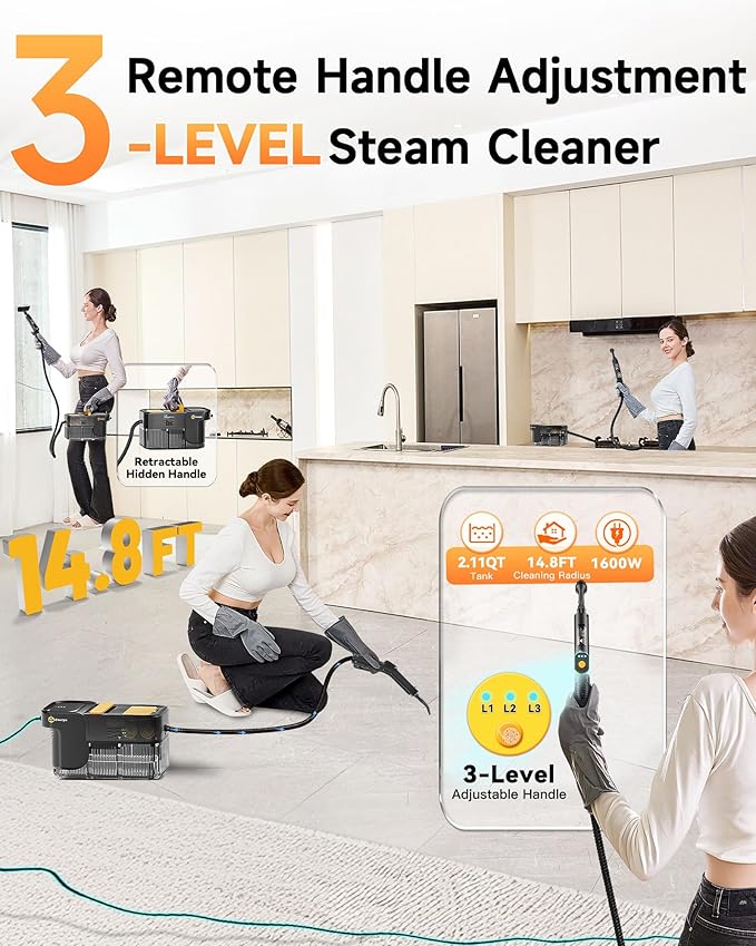 Gautye Steam Cleaner, 3 Level Adjustable Handle, 10s Heat Up, 2.11 Quarts Tank - Image 2