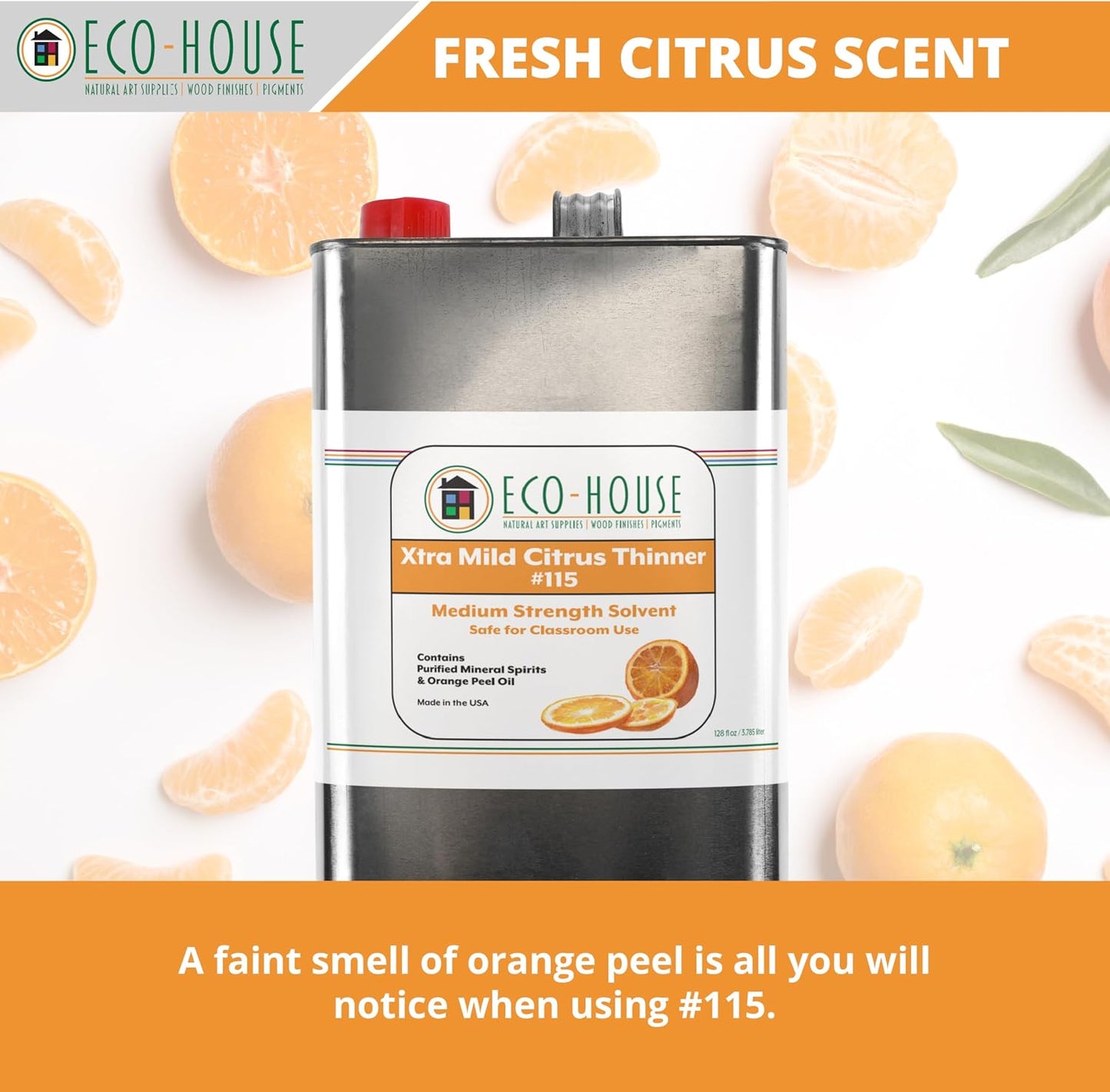 Eco House 115 Xtra Mild Paint Thinner – Citrus Scent, Low Odor, Safe Alternative to Turpentine – Eco-Friendly Solvent for Oil Paints, Natural Resins & Varnishes – 3.78L (1 Gallon)