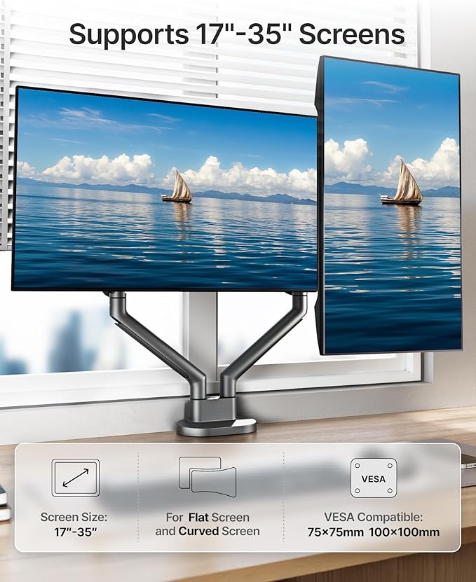 monTEK Dual Monitor Stand for 2 Screens 17 to 35 Inch, Heavy Duty Monitor Mount - Image 2