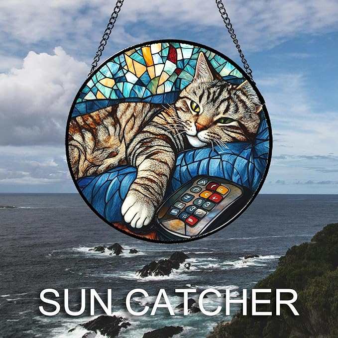 DASTOLL Stained Glass Window Hanging Gray Cat and Remote Control Large 11.8" - Image 4