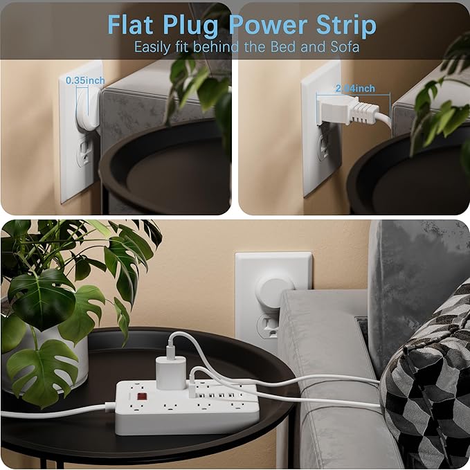 Power Strip with USB, Flat Plug Extension Cord Surge Protector 5 Ft, HUNIAN - Image 3