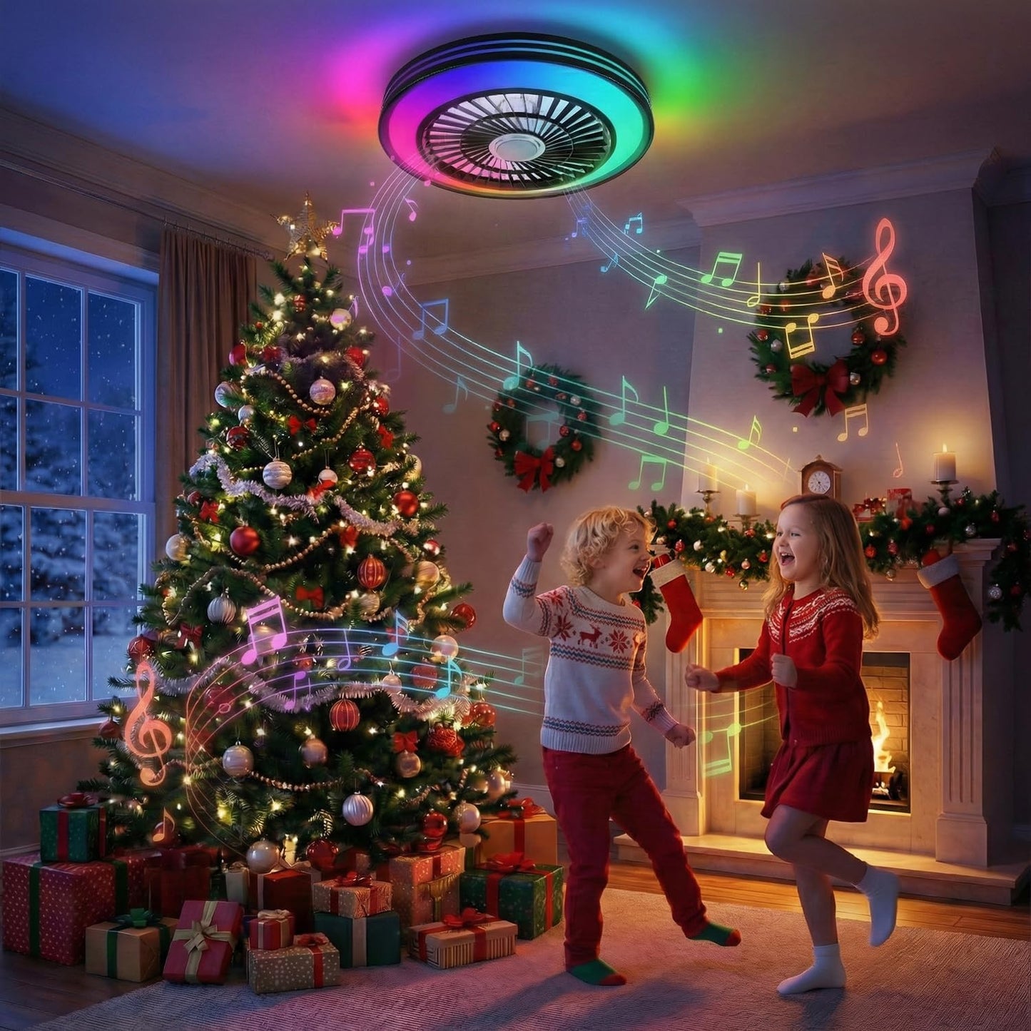 Ceiling Fan with RGB Lights and Speaker Fandelier Caged Low Profile Smart Ceiling Fan Light 2700K-6500K, Flush Mount Fan Light with Remote/APP Control for Garage Game Room Bedroom