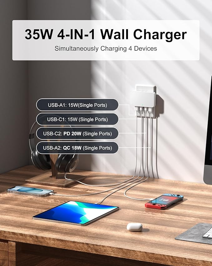KWRNVO Flat USB Wall Charger 4 Ports Slim 35W USB-C/A Flodable Plug Fast - Image 2