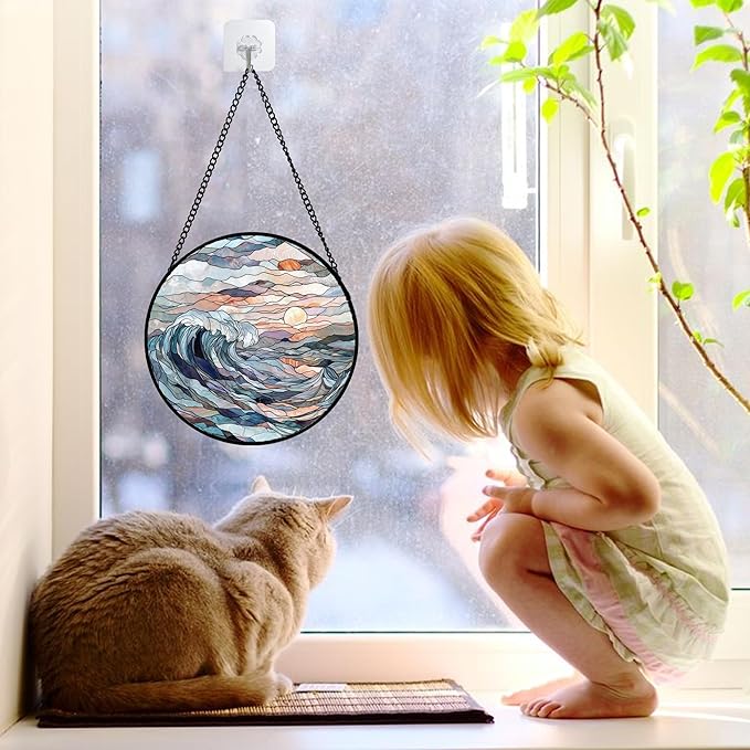 DASTOLL Stained Glass Window Hanging, Sunrise Waves Sun Catchers Diamond Glass - Image 4