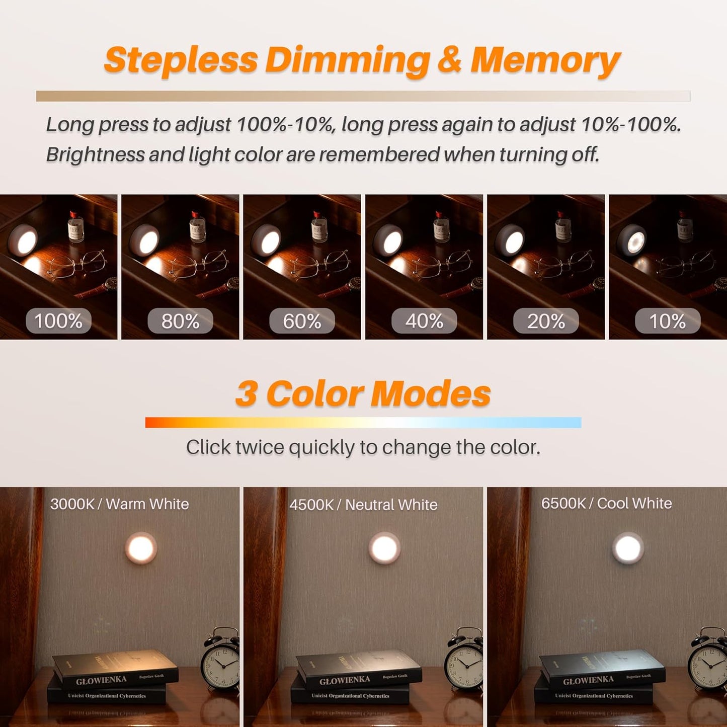 STAR-SPANGLED 4 Pack 3.1” Dimmable Push Tap Lights, Stick on LED Touch Puck Lights AA Battery Operated, 3 Color Modes Sticky Button Lamps for Classroom, Kitchen, Under Cabinet, Closet