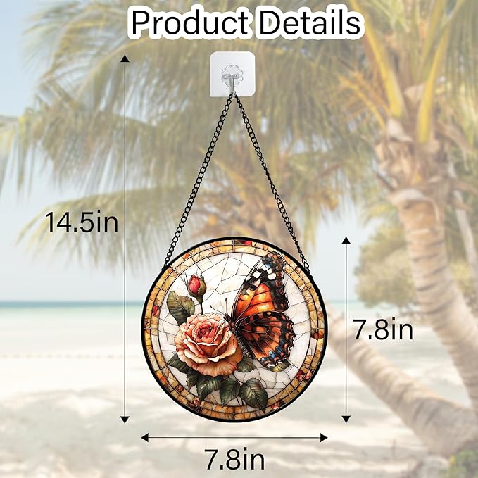 DASTOLL Stained Glass Window Hanging, Butterfly Picking Flowers Suncatcher - Image 2