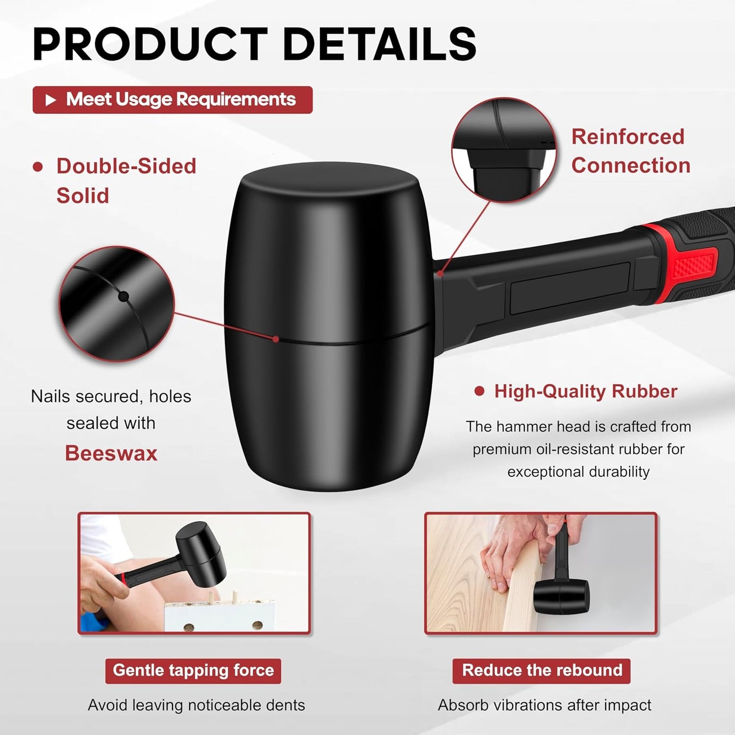 YIYITOOLS 16oz Rubber Mallet Hammer,Double Faced Soft Mallets,Durable Solid Rubber Head,Fiberglass Handle,Ergonomic Grip,Mallet for Flooring,Tent,Woodworking,Camping,Soft Blow Task without Damage