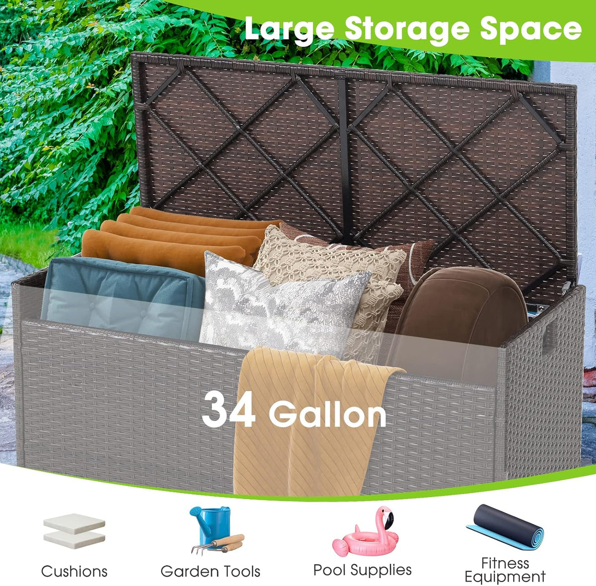 tangkula 34 gallon outdoor storage bench with seat shown in use