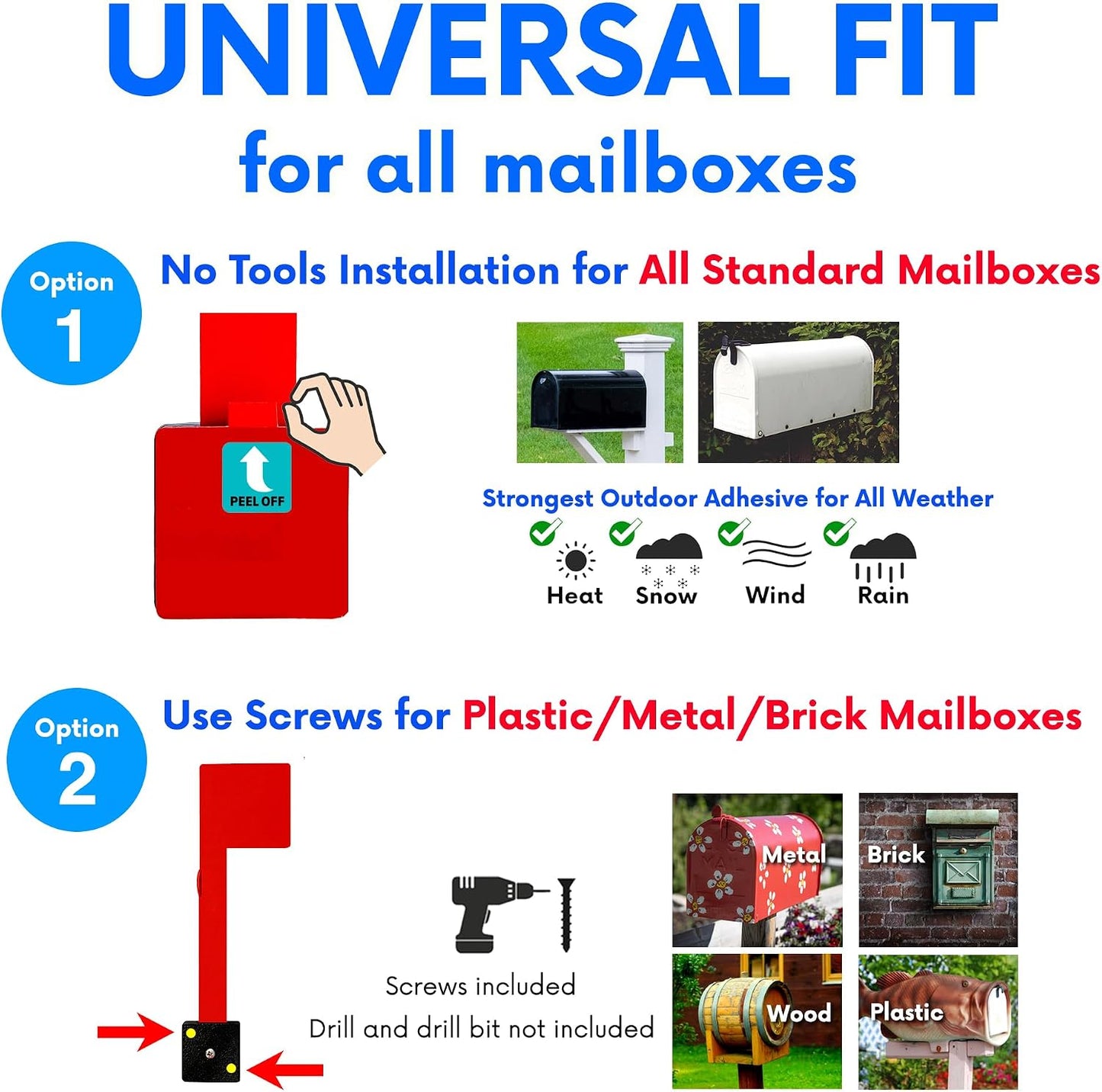 No Tools Needed with Optional Screws Mailbox Flag Replacement (Pack of 1) | Weather-Proof Strongest Adhesive Red Flag for Mailboxes Outside – Two Installation Options (Screws or Adhesive)