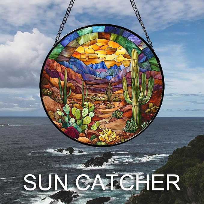 CRISGIF Stained Glass Window Hanging Cactus Mountains Landscape 9.8" - Image 6